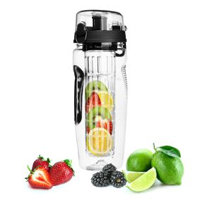 Fruit Infuser Water Bottle 32OZ Juice Shaker Sport w/ Flip Top Lid Anti-Slip Grips For Office Home Sport Running Walking Hiking (Option: BLACK)